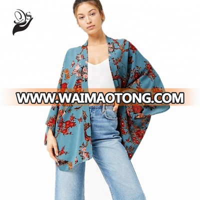 Flower Print Open-Front Kimono